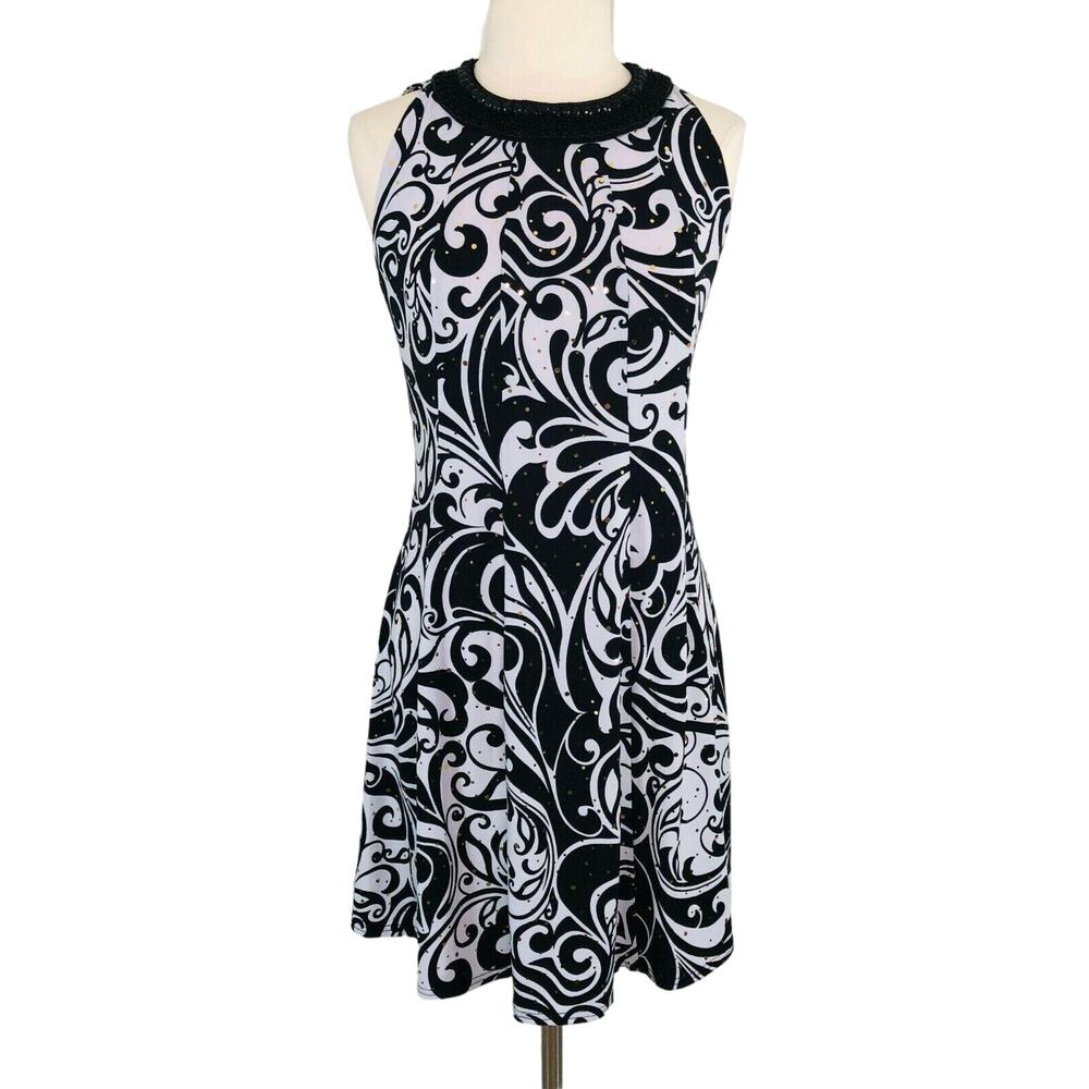 Slinky Dress Fit Flare Knee Length Geometric Swirl Bling Trim Sz 10P Bay Studio